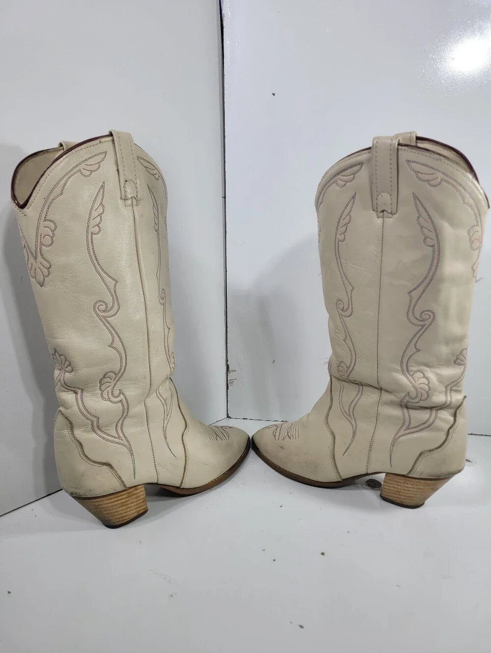 Vtg ACME Cream Leather Cowboy Boots Womens 7.5 M READ Disintegrating Lining
